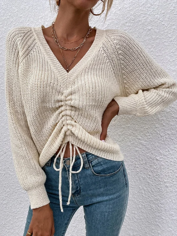 Casual Plain Drawstring Long Sleeve V Neck Regular Women Sweater Adventure