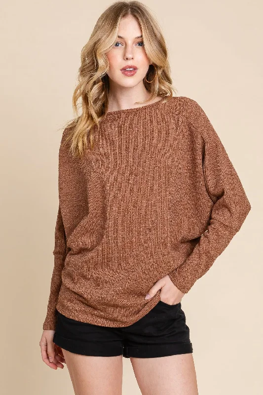 Drop Shoulder Long Sleeve Knit Top Sleek Women's Metallic