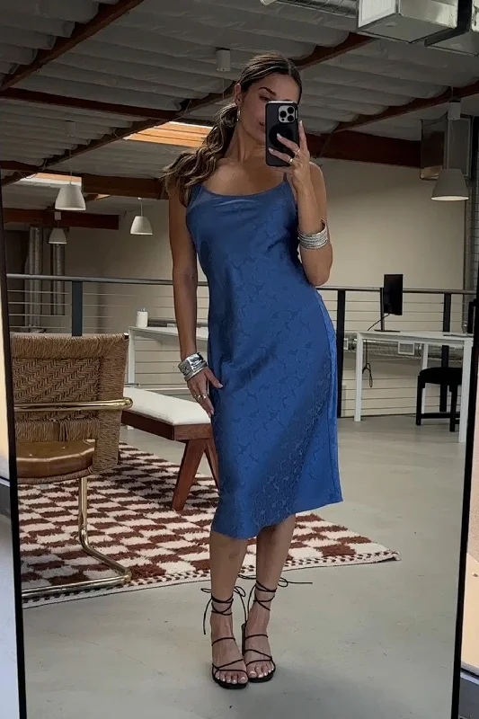 Aubrey Blue Satin Jacquard Midi Dress Dynamic Women's High - energy