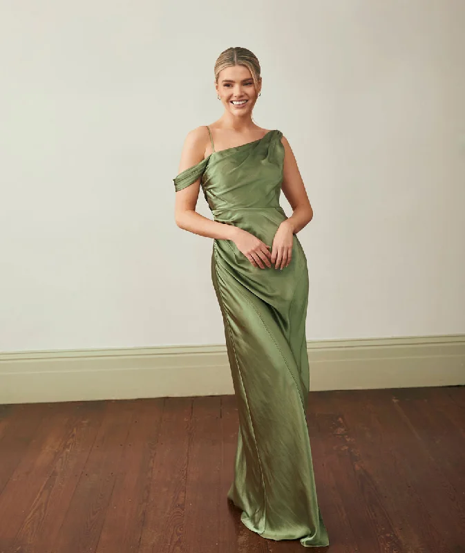Asymmetrical Bardot Strap Satin Bridesmaid Dress - Moss Green Elegant Women's Formal 