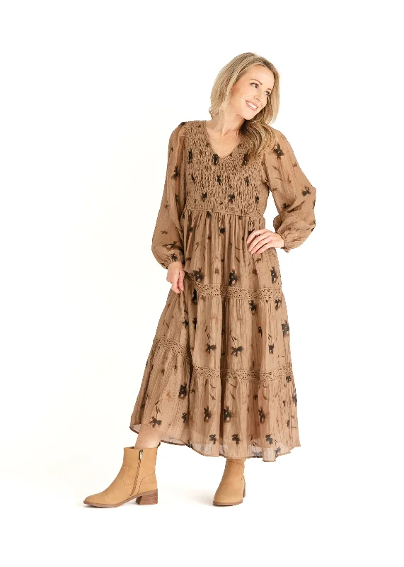 Mocha Floral V-neck Smocked Maxi Dress Traditional Women's 