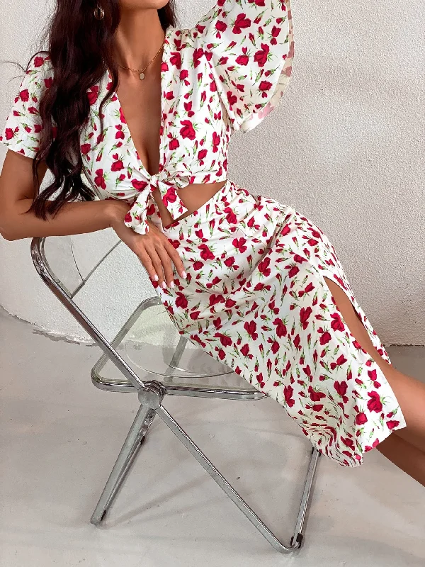 All Over Print Tie Front Short Sleeve Deep V Neck Slit High Waist Midi Dress Modern Women's 