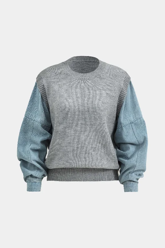 Denim Patchwork Sweater Long-Sleeve Top Sophisticated Women's Tailored