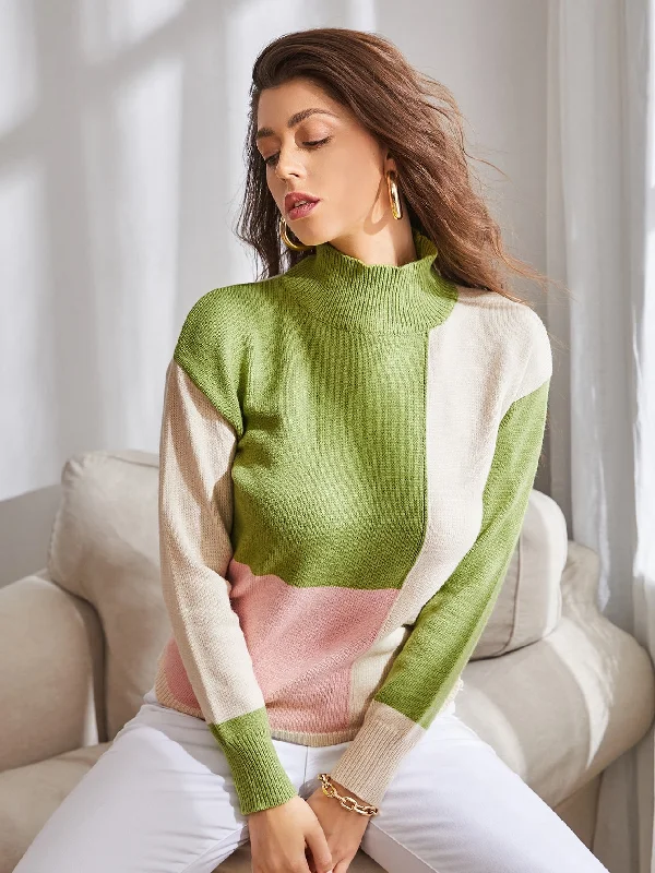 Casual Colorblock Rib-Knit Long Sleeve High Neck Regular Women Sweater Refined Women's Classic 