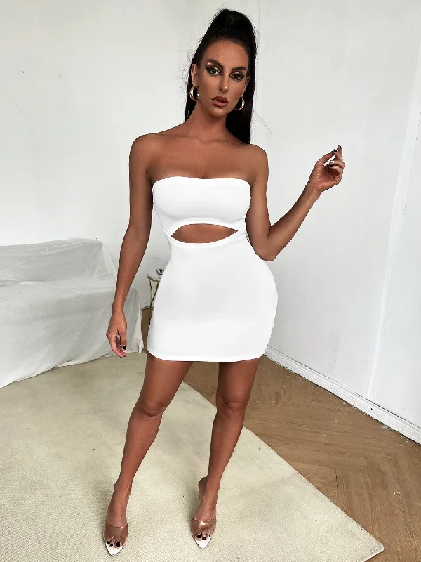 Plain Cut Out Sleeveless Strapless Pencil High Waist Mini Dress Refined Women's Velvet