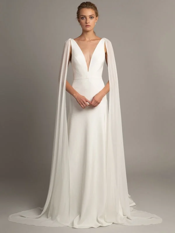 White Simple Wedding Dress Satin Fabric V-Neck Sleeveless Ruffles A-Line Long Bridal Gowns Contemporary 
