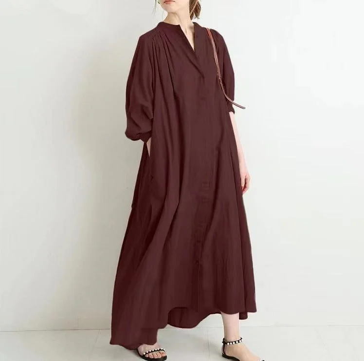 Casual Solid Color Puff Sleeve Pleated Cotton Linen Midi Shirtdress Hip Women's Urban