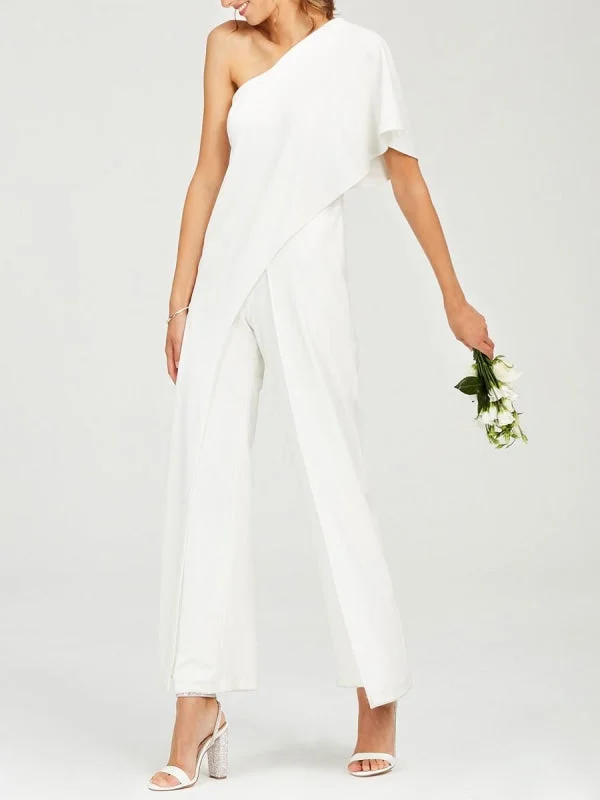 Simple Wedding Jumpsuits Ivory One Shoulder Culottes Bridal Dress Preppy Women's College
