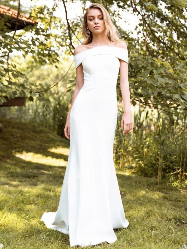 White Simple Wedding Dress Bateau Neck Sleeveless Natural Waist Backless Satin Fabric Long Mermaid Bridal Gowns Confident Women's Power
