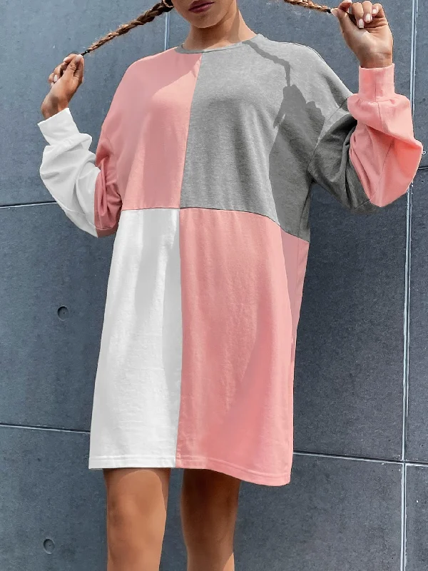 Colorblock Long Sleeve Round Neck Straight Natural Short Dress Modern Women's 