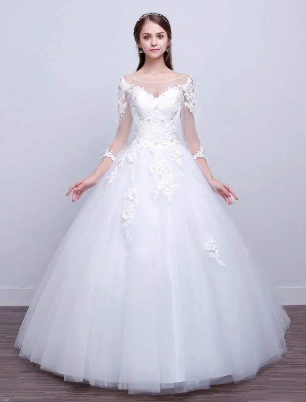 Princess Ball Gown Wedding Dresses Long Sleeve Lace Illusion Ivory Floor Length Bridal Dress Elegant Women's Formal Princess Ball Gown Wedding Dresses Long Sleeve Lace Illusion Ivory Floor Length Bridal Dress Elegant Women's Formal