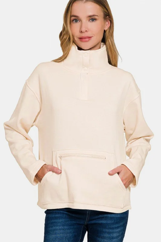 Zenana Turtleneck Half Snap Fleece Sweatshirt Sustainable Organic