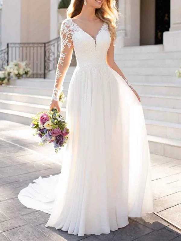 Lace Wedding Dresses 2021 Chiffon V Neck A Line Long Sleeve Lace Applique Beach Wedding Bridal Dress With Train Free Customization Artistic Women's Hand - painted