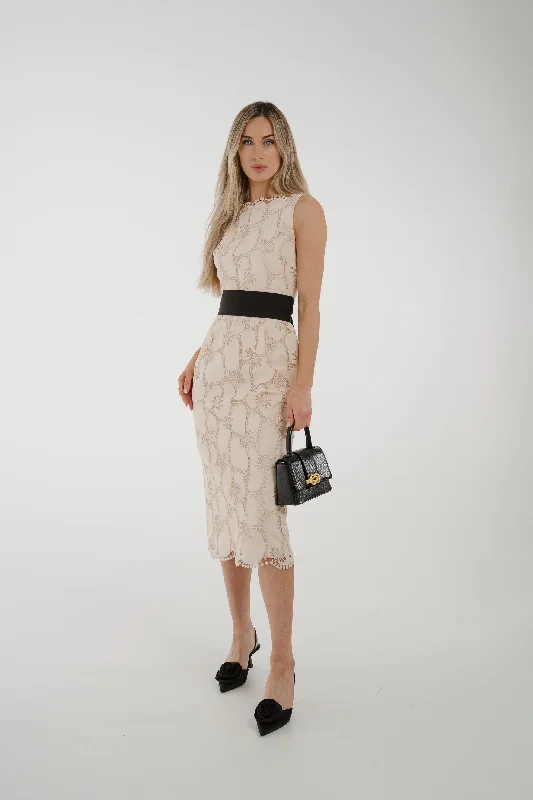 Kayla Embroidered Midi Dress in Neutral Cozy Women's Winter