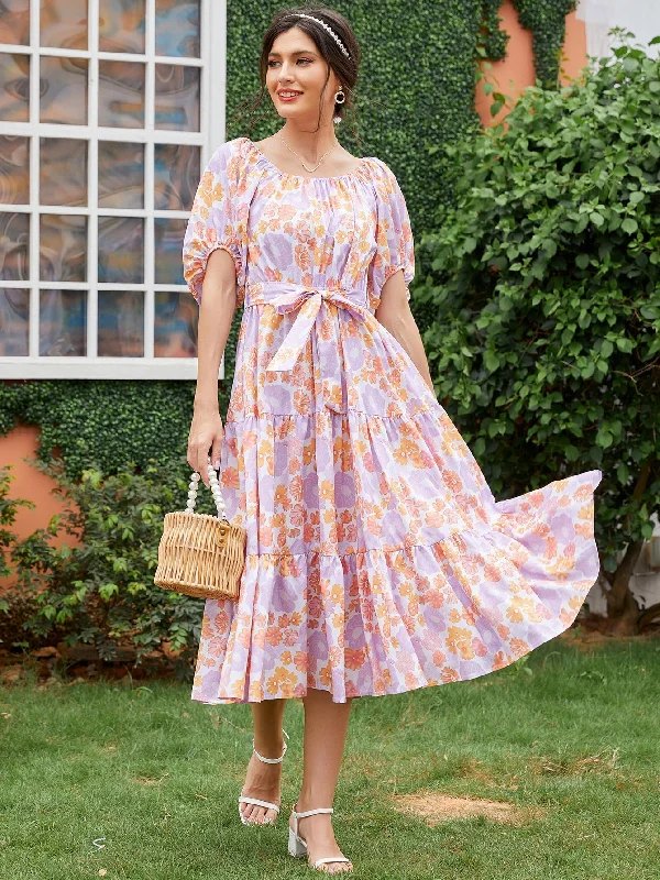 All Over Print Belted Half Sleeve Scoop Neck Flounce High Waist Long Dress Streetwear Style for 