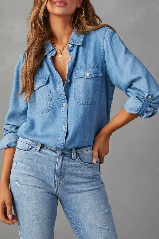 Long Sleeve Button-Up Denim Blouse Trendy Women's Oversized