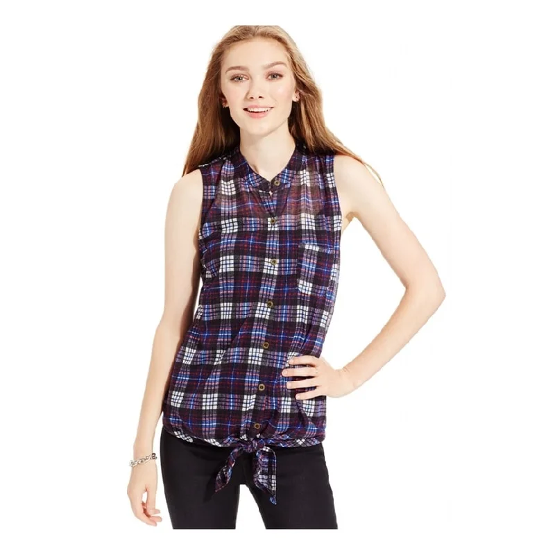 Almost Famous Womens Tie Hem Flannel Button Up Shirt, Blue, X-Small Laid - back Women's Vibe