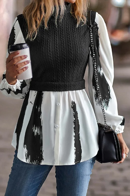 Mock Neck Knit Patchwork Shirt Tops Cozy Women's Sherpa - lined