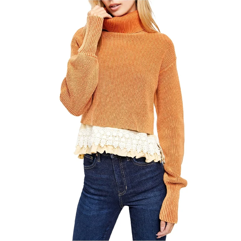 Free People Womens Crochet Hem Pullover Sweater, Orange, Medium Sophisticated Women's Tailored