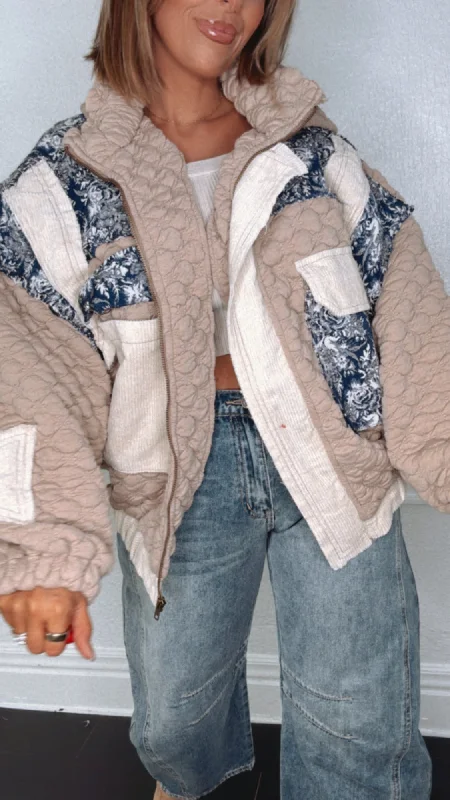 Now Trending Oversized Contrast Quilted Jacket, Tan/Denim Blue Modern Women's Tech