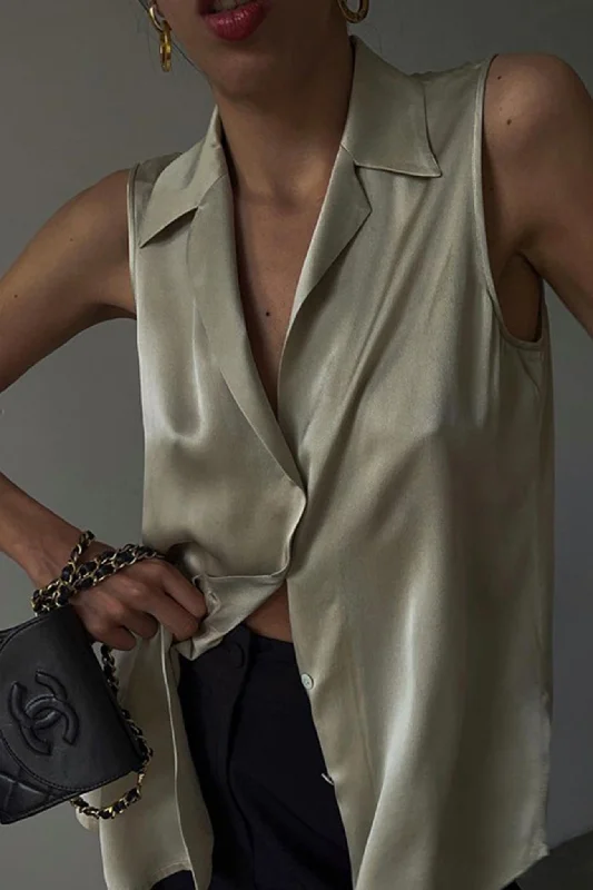 Khaki Satin Lapel Cardigan Tank Top Streetwear Style for 