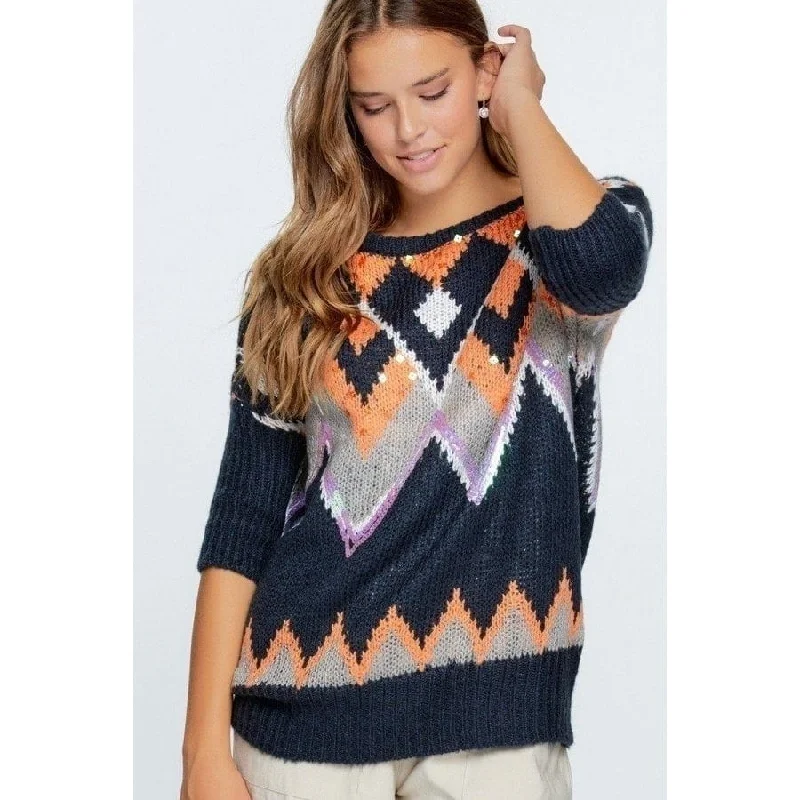 Aztec Pattern With Glitter Accent Sweater Street