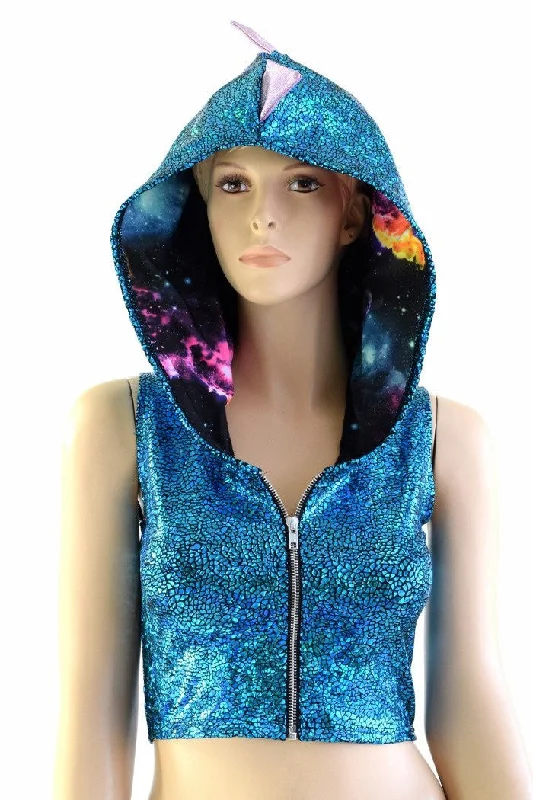 Turquoise Dragon Zipper Front Crop Top Sporty Women's Tennis