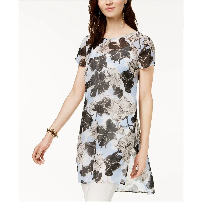 I.N.C Womens Sheer Floral Tunic Blouse, blkmulti, M, Black, Medium Stylish Women's Neon