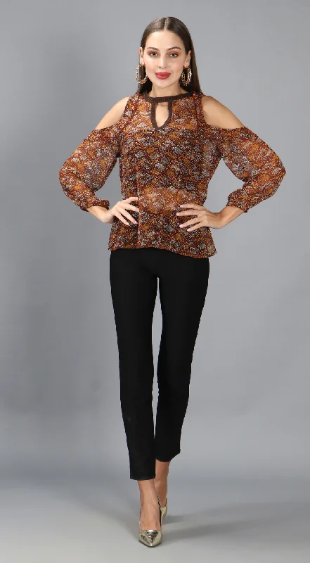 Brown Animal Print Cut Out Top Polished Women's Silk