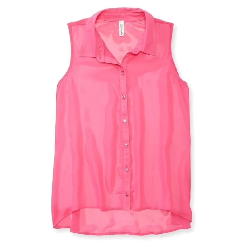 Aeropostale Womens Sheer Solid Color Chiffon Woven Button Up Shirt, Pink, Small Classic Women's Tweed